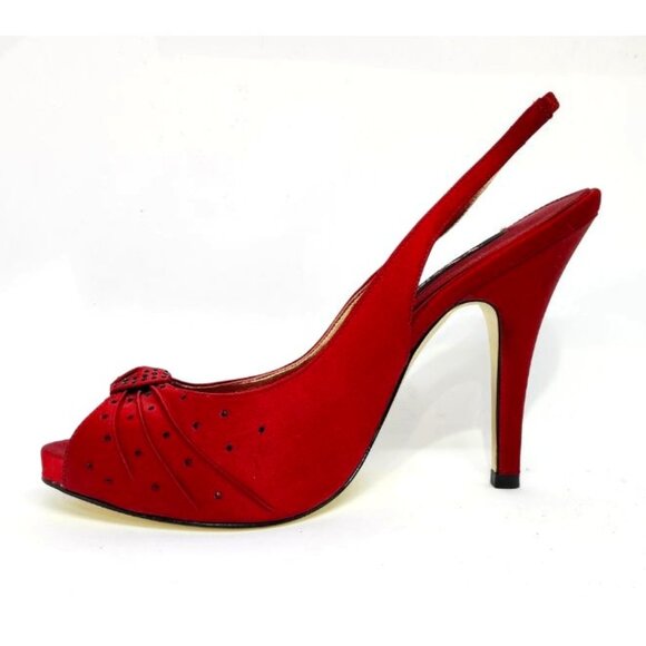 Nina Women's Red Peep Toe High-Heel W/Black Rhinestones Size 7.5 & 8.5 - Picture 1 of 13